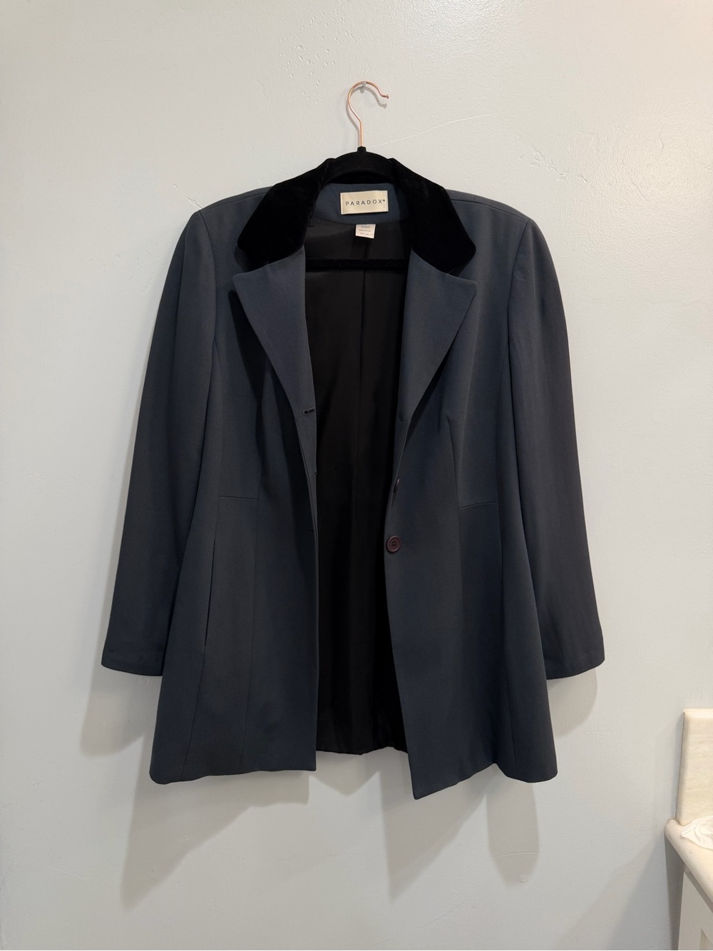 Vintage 90s Paradox Wool Longline Blazer Jacket Velvet Collar Slate Blue Size 8 - Picture 11 of 12